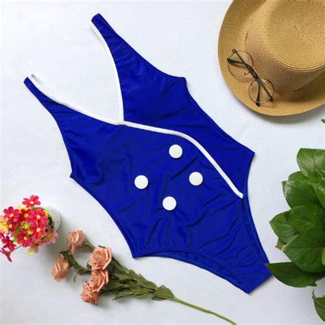 Sexy Conjoined Button Swimsuit Bikini Pure Color Stitching Edge Swimsuit On Luulla