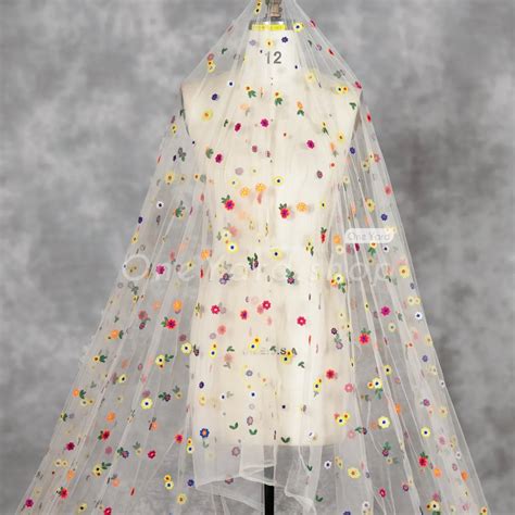 Chrysanthemum Flowers Embroidery Soft Nude Mesh Fabric Oneyard