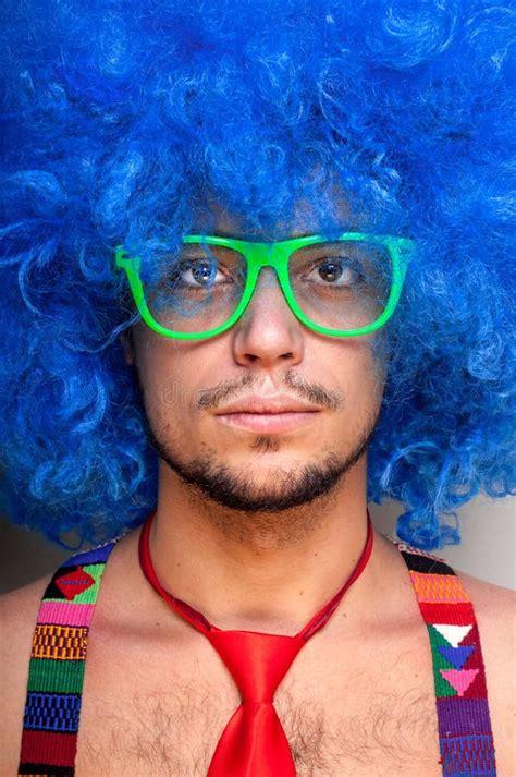 Funny Guy Naked With Blue Wig And Red Tie Stock Photo Image Of Happiness Costume