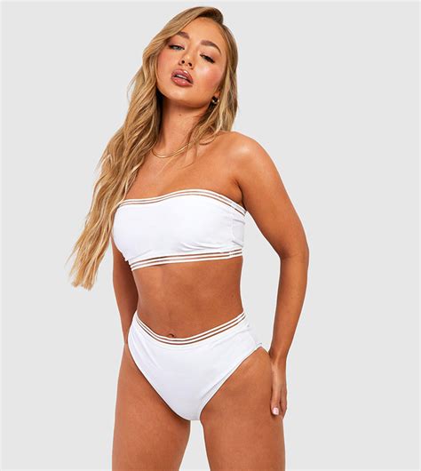 Buy Boohoo Mesh Detail Bandeau High Waisted Bikini Set In White ThStreet UAE