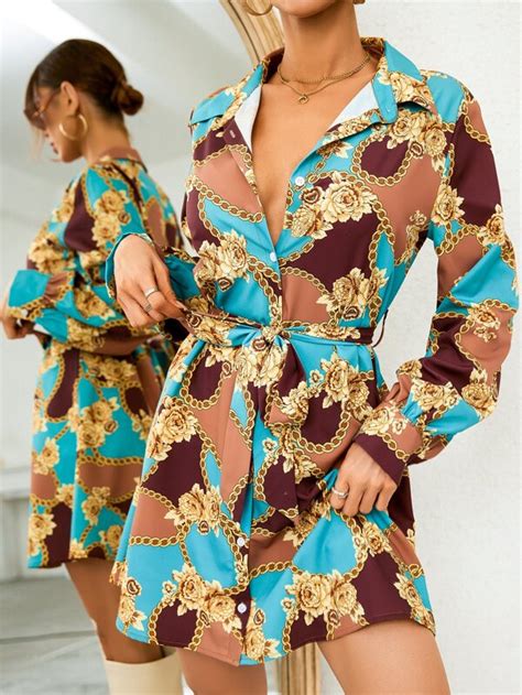 Baroque Chain Print Lantern Sleeve Belted Shirt Dress Shein Usa