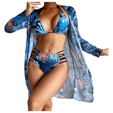 WREESH Womens 3 Piece Swimsuits Tropical Print Halter Bikini Set With Kimono Beach Cover Ups