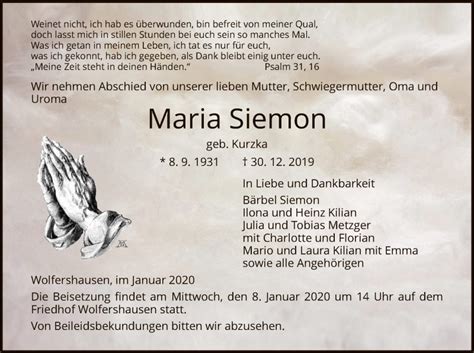 Traueranzeigen Von Maria Siemon Trauer HNA De