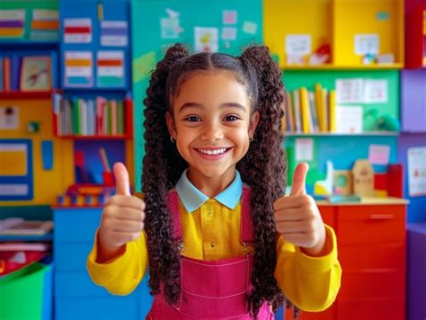 Happy Pre School Kid Double Thumbs Up A Day Of Joy And Learning