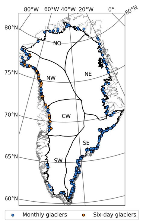 Map of glaciers covered in this study. Glaciers with termini digitized ...