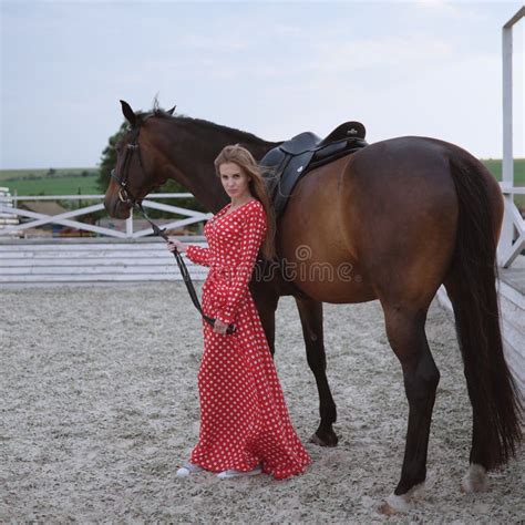 Mooi En Sexy Blonde Met Grote Borsten In Een Rode Kleding En Een Paard Van Bruine Kostuums Stock