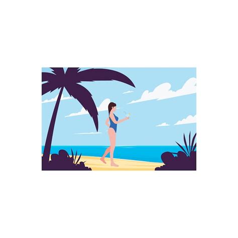 Una Chica En Bikini Se Divierte En La Playa Vector Premium