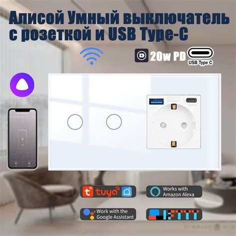 Алисой Умный выключатель с розеткой и USB ,двухклавишный,2 поста,белый ...