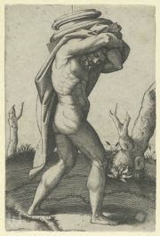 Naked Man Walking To The Right Carrying A Column Base By Marcantonio Raimondi Raphael Raffaello
