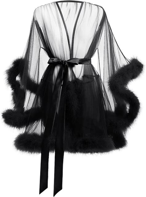 OhMill Women S Tulle Robe Feather Robe Sexy Lingerie Transparent Nightgown Boudoir Bathrobe