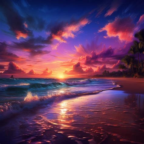 Premium AI Image | A painting of a beach with a sunset and the sky is ...