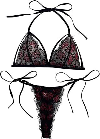 Amazon Sweatyrocks Women S Piece Lingerie Set Lace Halter Triangle Bra And Tie Side Thong