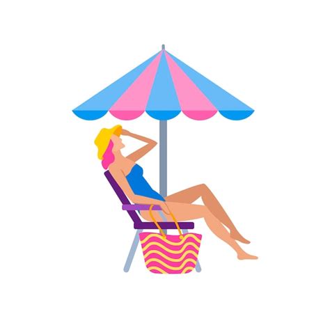 M Dchen Beim Sonnenbaden Am Strand Charakter Im Flachen Stil Frau Im Bikini Und Hut Sitzt Auf