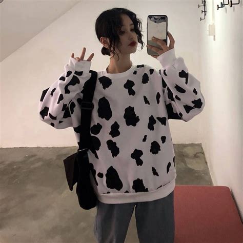 Cow Print Sweatshirt Cute Autumn Cow Milk Printed Sweater The Cow
