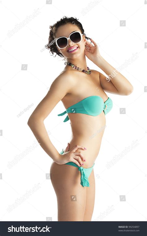 Cute Sexy Brunette Green Bikini White Stock Photo 99254897 Shutterstock
