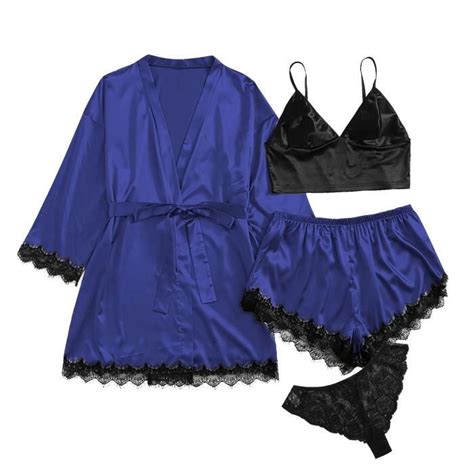 Plus Size Lingerie Sexy Femmes Soie Robe Satin Peignoir V Tements De Nuit Pyjamas L Bleu