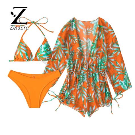 Zentora Women Swimwear Set Leaf Print Comfortable Bikini Cover Up Set