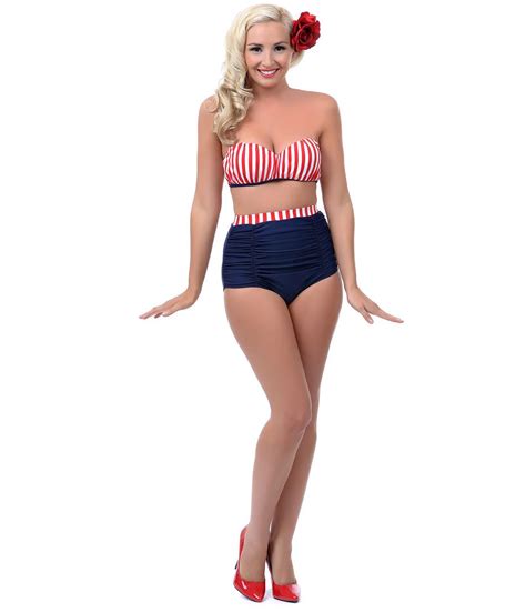 Unique Vintage Red White Blue High Waist Bikini Bottom High Waisted