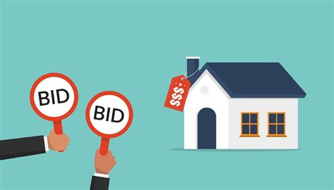 Businessmen hold bid signs for auction a house, buyers place bids, auction and bidding concept ...