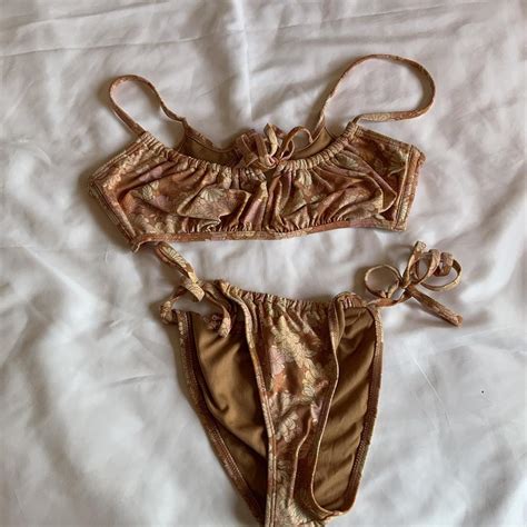 Tan And Brown Bikini Set With Adjustable Straps And Depop