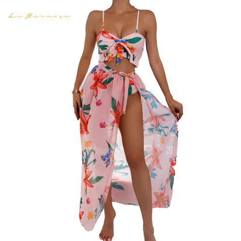 Trend Suspenders Ruffles Pink Three Piece Print Bikini Sexy Women Swimsuit Wholesale High Waist