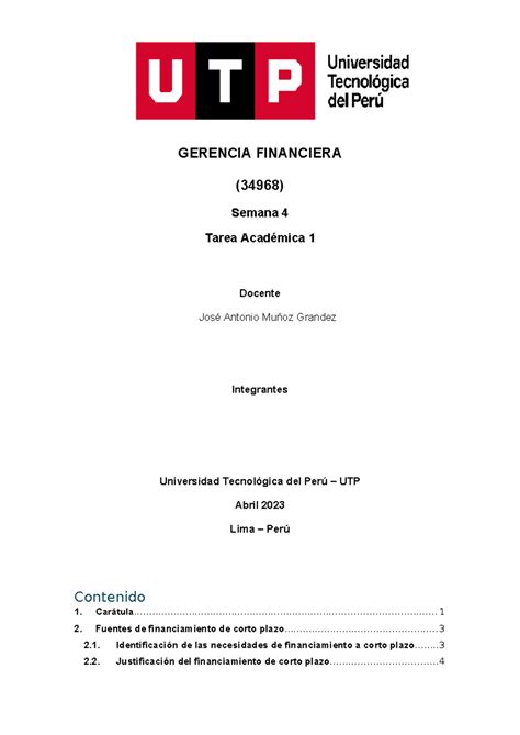 Tarea Academica Gerencia Financiera Car Tula Gerencia Financiera