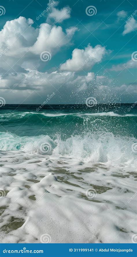 Foamy Sea Waves Rolling And Splashing Against Cloudy Blue Sky Stock