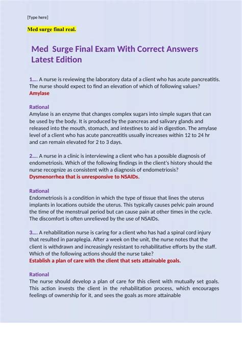 Med Surge Final Exam With Correct Answers Latest Edition 2024/2025 100%