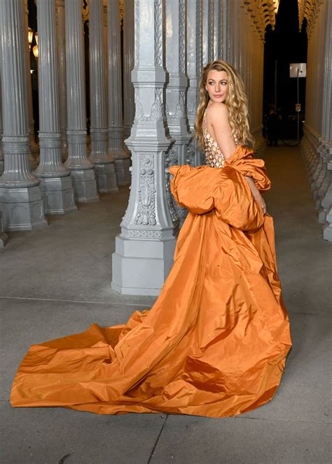 Blake Lively Sheer Gown Orange Coat Lacma Hot Celebs Home