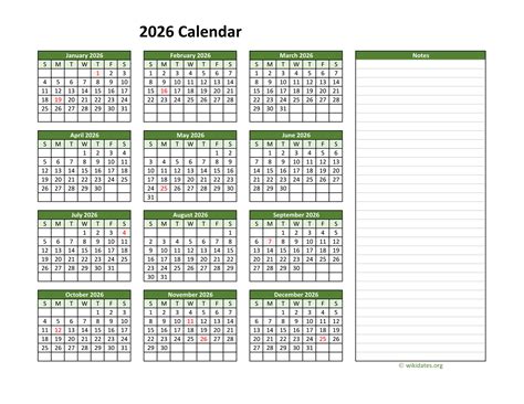 Yearly Printable 2026 Calendar with Notes | WikiDates.org