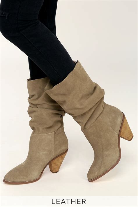 Stella Mink Suede Leather Slouchy Mid Calf Boots Heels Boots Outfit