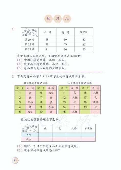 《3 复式统计表》人教版小学三年级数学下册课本2014审定 人教版小学课本