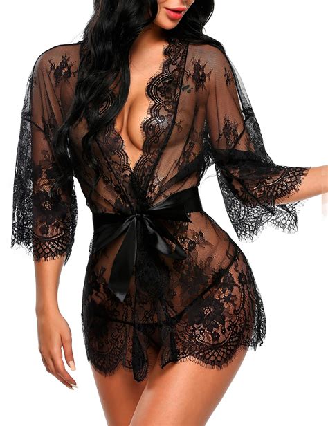Avidlove Lace Robe Women S Lace Kimono Robe Babydoll Lingerie Mesh Nightgown Black L For Sale