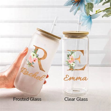 Custom Initial Name Floral Glass Cup Bamboo Lid Glass Cup Tumbler