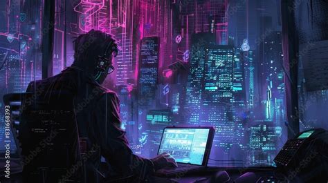 Cyberpunk Hacker With Futuristic Computer Setup A Hacker In Cyberpunk