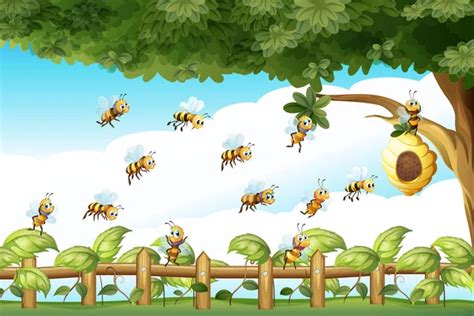 Un Rbol Con Una Colmena Y Un Grupo De Abejas Vector Gr Fico Vectorial