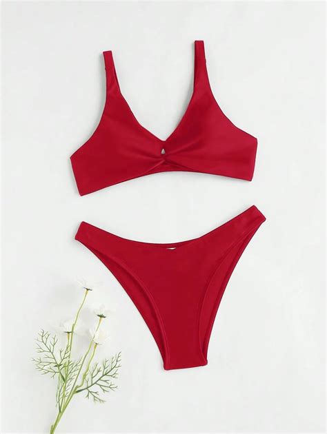 Conjunto de bikini retorcido de unicolor para niña preadolescente Moda de Mujer SHEIN México