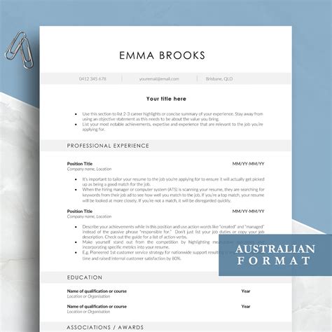 Australian Format Resume Template for MS Word and Pages With Digital
