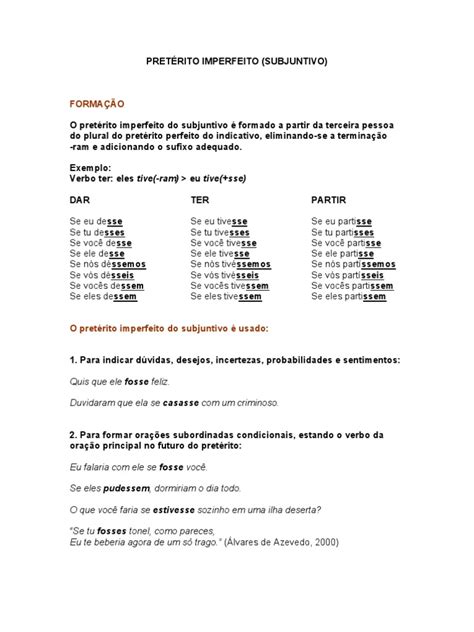 Pretérito Imperfeito Do Subjuntivo - Formação do Pretérito Imperfeito Subjuntivo | PDF