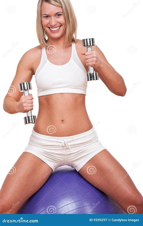 Fitness Series Smiling Blond Woman With Weights Stock Image Image Of Fitness Blond 9359297