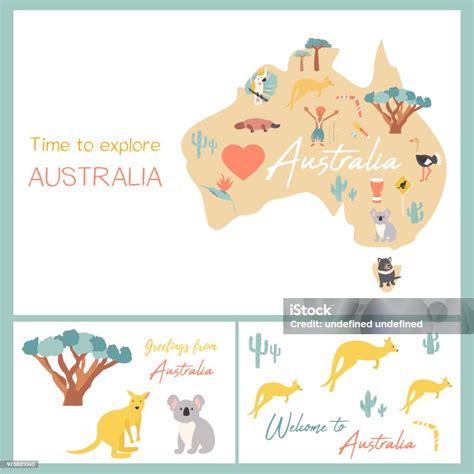 map  australia  landmarks  wildlife stock illustration