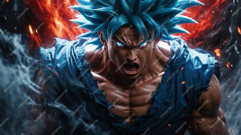 ilustracion ultra detallada de goku super saiyan estilo kaioken azul ki