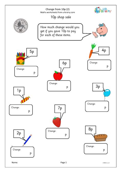 Change From 10p 2 Money Maths Worksheets For Year 1 Age 5 6 By