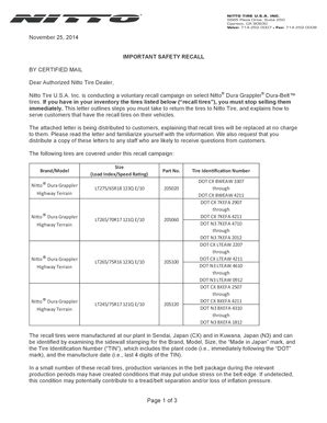 Fillable Online IMPORTANT SAFETY RECALL Tire Safety Group Fax Email