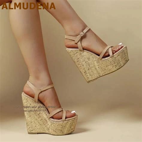 ALMUDENA Cork Platform Wedge Heel Sandals Wooden Strange Heel Sky High Dress Pumps Nude Matte