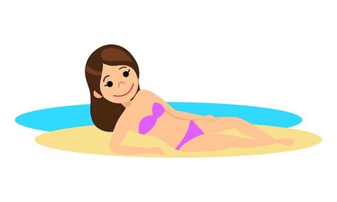 Frau Im Bikini Beim Sonnenbaden Am Strand M Dchen Das Auf Dem Sand Liegt Der Cartoon Stil