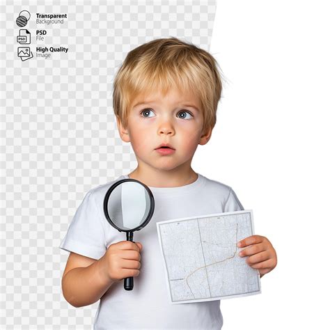 Blonde boy holding a map and magnifying glass exploring with curiosity