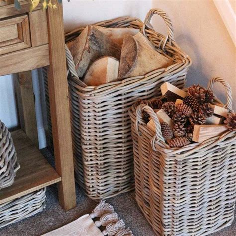 Grey Buff Rattan Square Wicker Log Storage Basket Fireplace Wood Fire