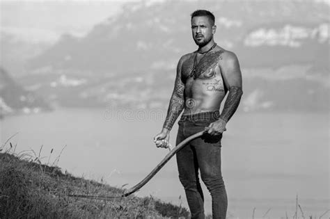 Hispanic Man In Grass Farm Ecology Concept Farmer With Bare Naked Torso Stock Photo Image Of