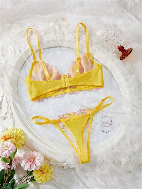 Pcs Women S Sexy Lingerie Set With Sunflower Embroidered Sheer Underwire Bra And Adjustable